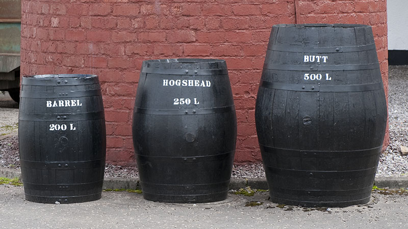 Display of cask sizes outside Benromach distillery