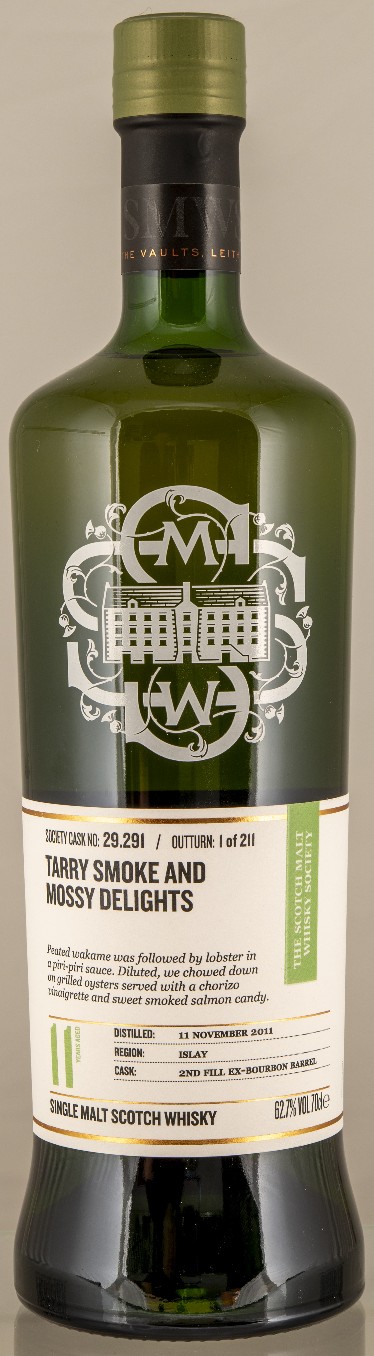 Billede: D85_8355 - SMWS 29.291 Tarry Smoke and Mossy Delights - bottle front.jpg